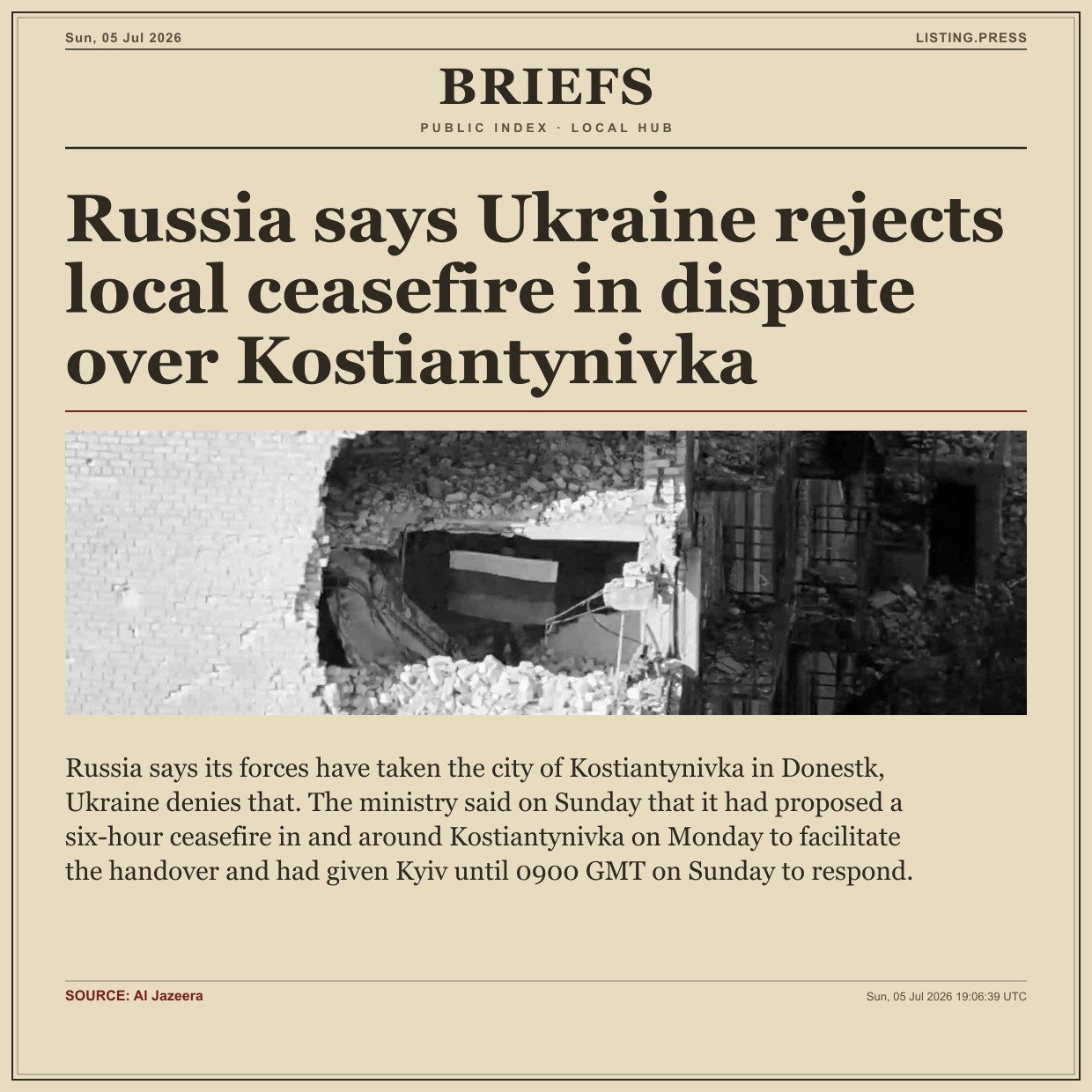 Russia says Ukraine rejects local ceasefire in dispute over Kostiantynivka