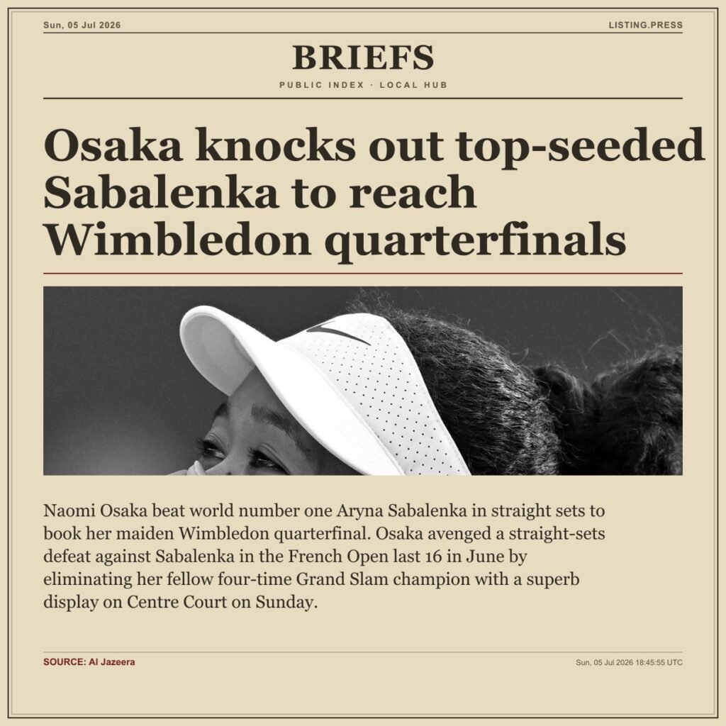 Osaka knocks out top-seeded Sabalenka to reach Wimbledon quarterfinals