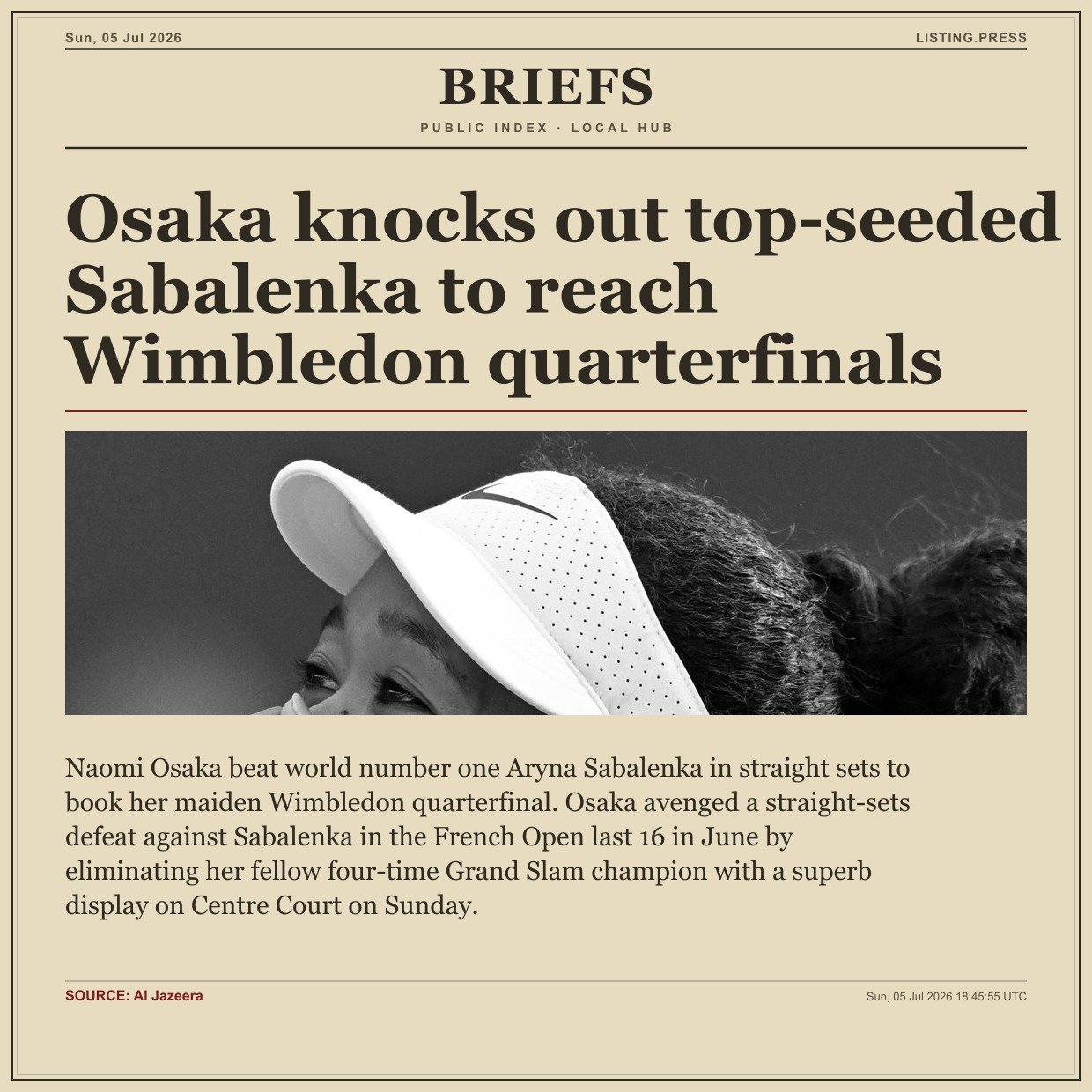 Osaka knocks out top-seeded Sabalenka to reach Wimbledon quarterfinals