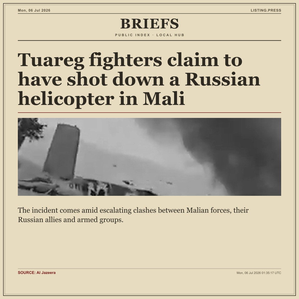 Tuareg fighters claim to have shot down a Russian helicopter in Mali