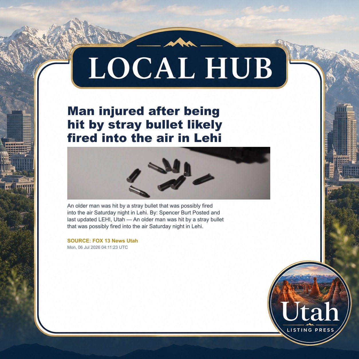 Man injured after being hit by stray bullet likely fired into the air in Lehi