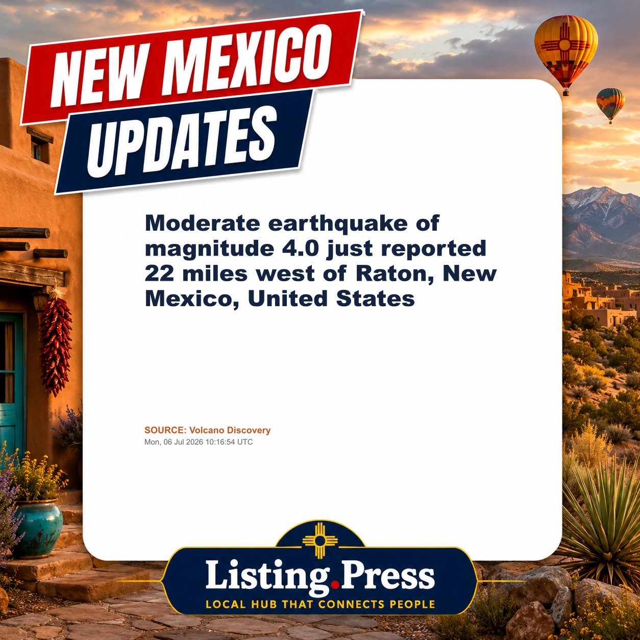 Moderate earthquake of magnitude 4.0 just reported 22 miles west of Raton, New Mexico, United States