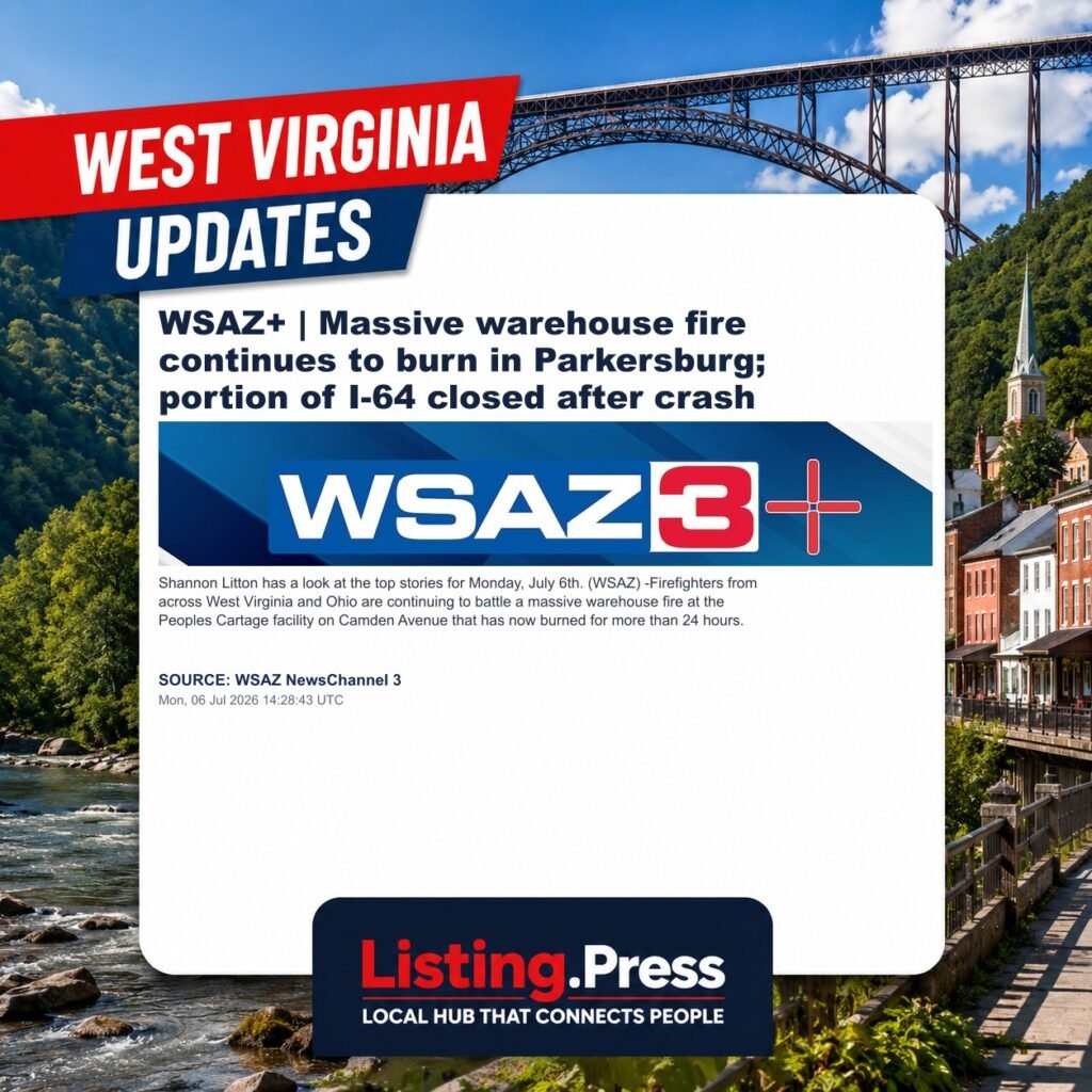 WSAZ+ | Massive warehouse fire continues to burn in Parkersburg; portion of I-64 closed after crash
