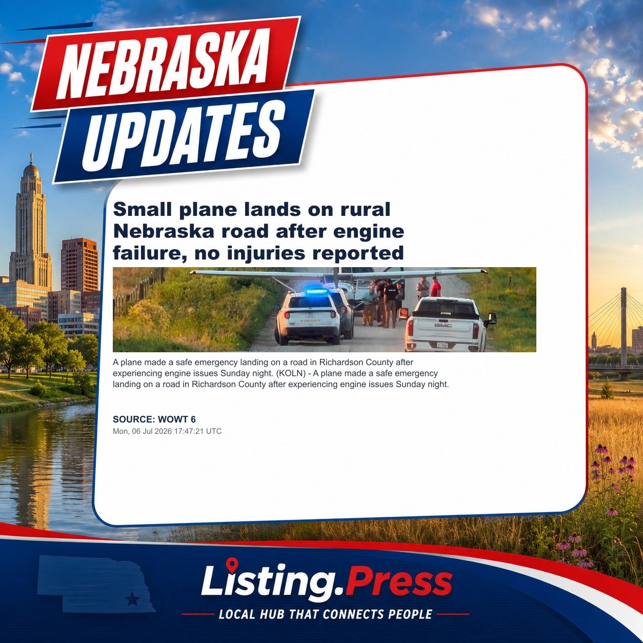 Small plane lands on rural Nebraska road after engine failure, no injuries reported