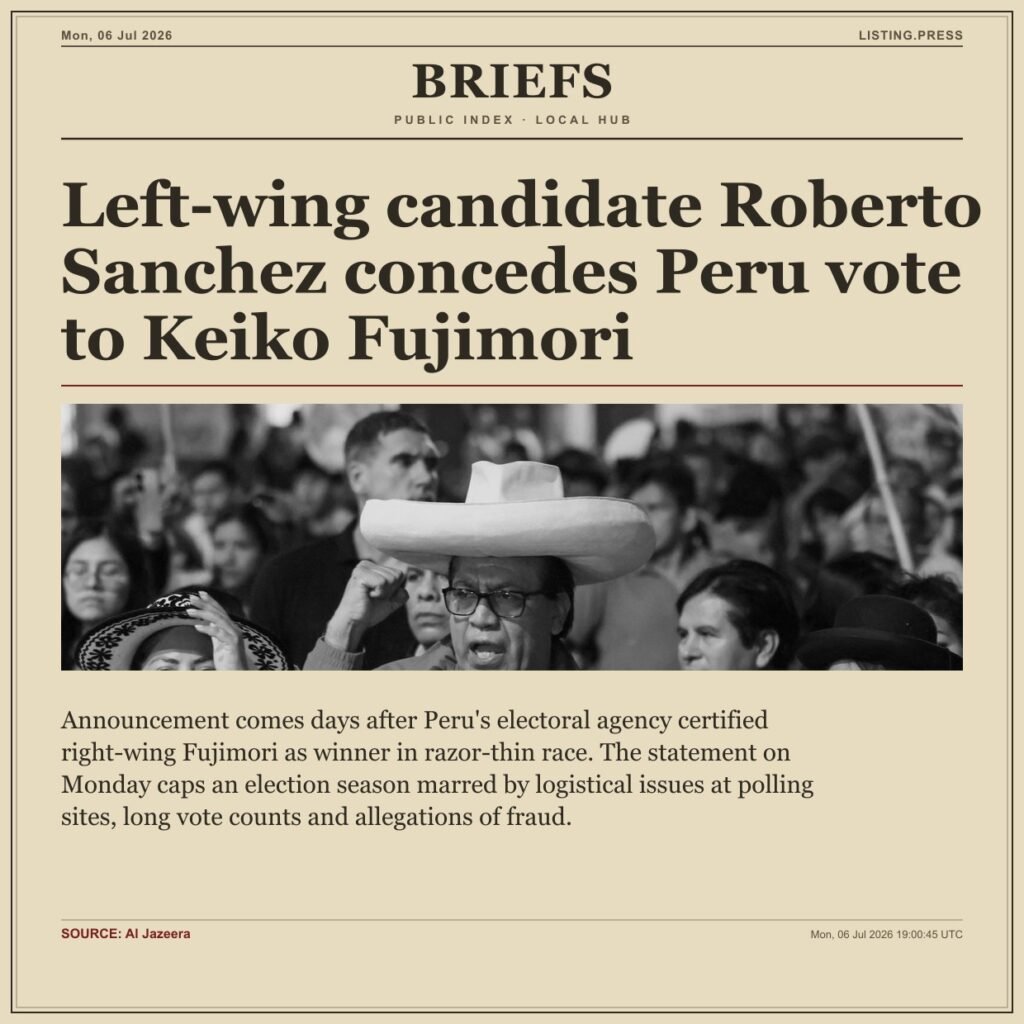 Left-wing candidate Roberto Sanchez concedes Peru vote to Keiko Fujimori