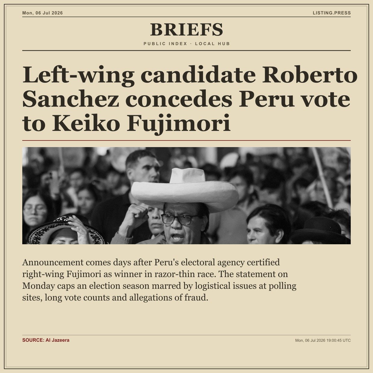 Left-wing candidate Roberto Sanchez concedes Peru vote to Keiko Fujimori