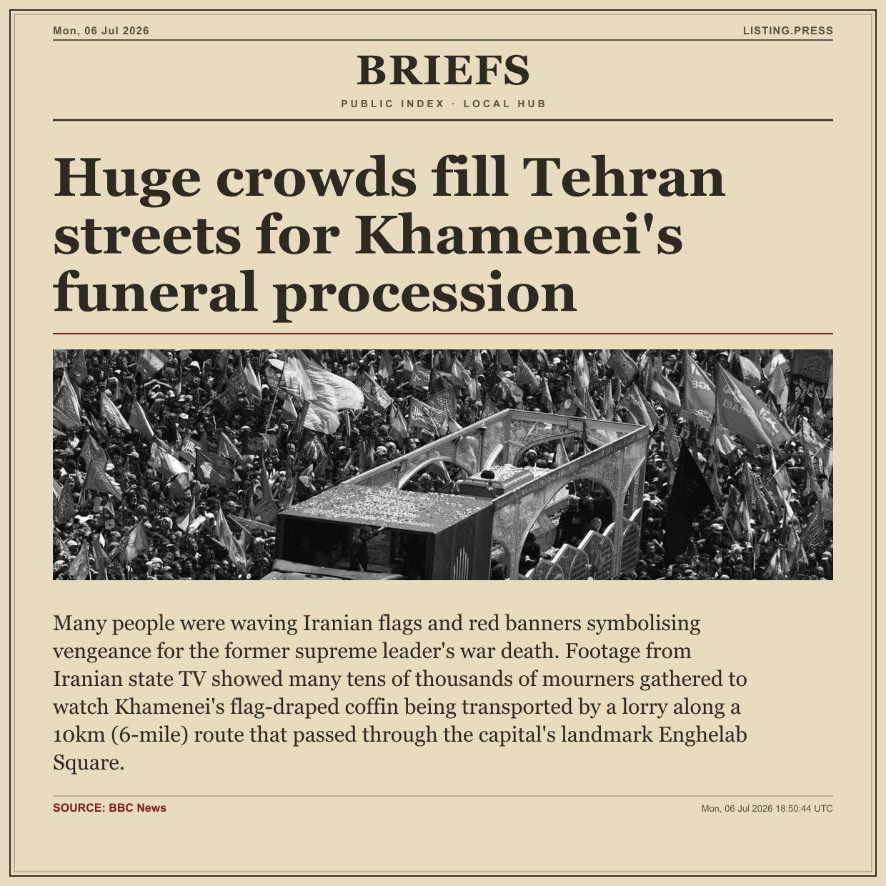 Huge crowds fill Tehran streets for Khamenei's funeral procession