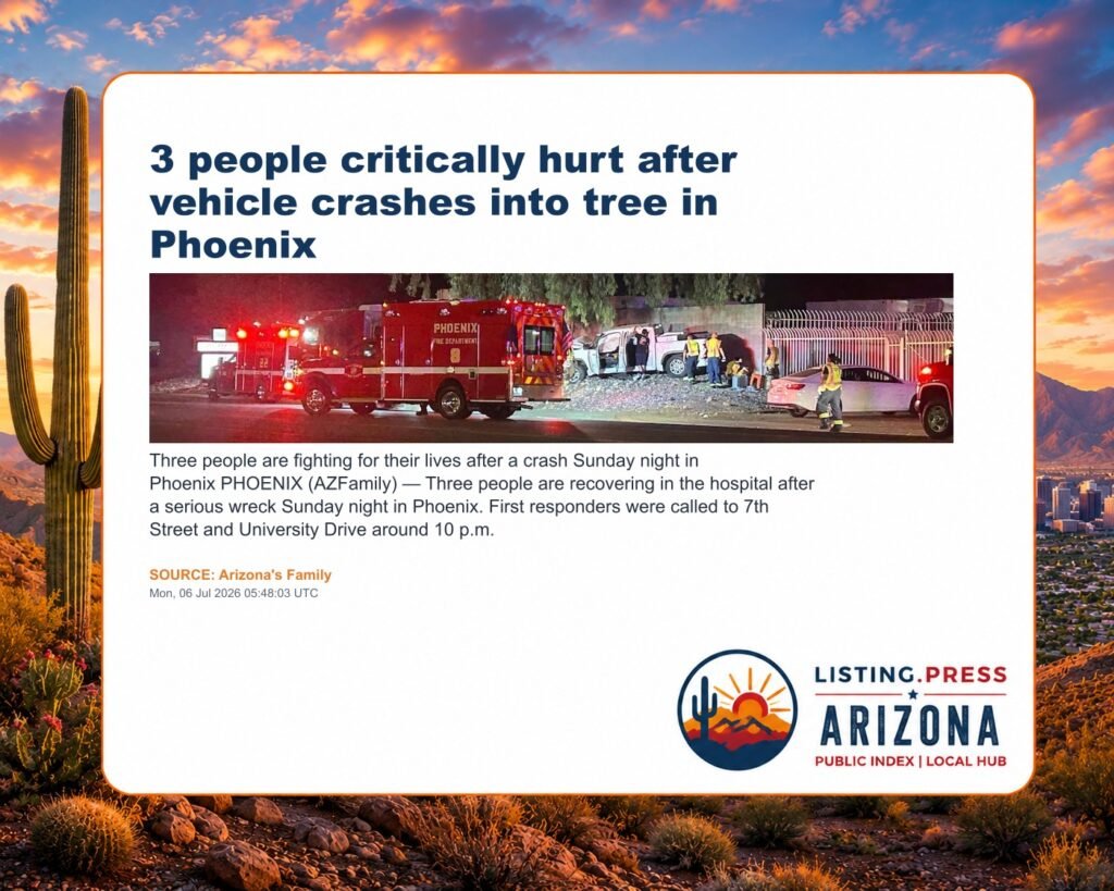 3 people critically hurt after vehicle crashes into tree in Phoenix
