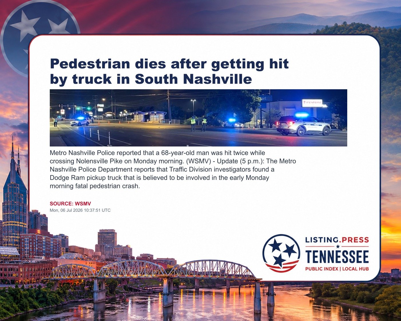 Pedestrian dies after getting hit by truck in South Nashville