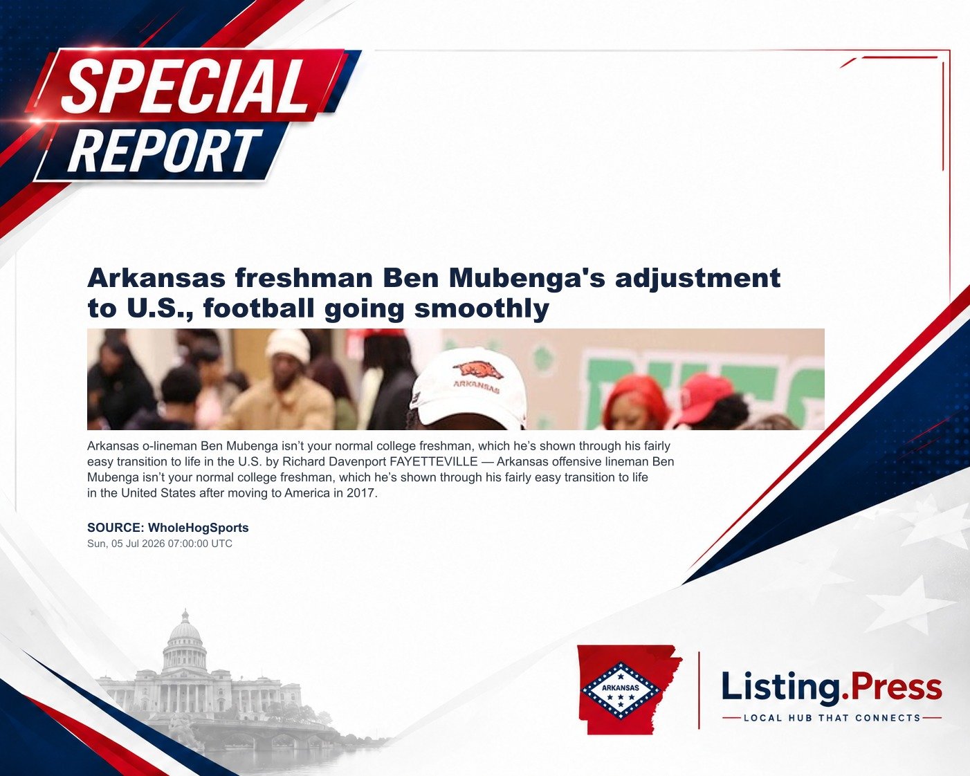 Arkansas freshman Ben Mubenga's adjustment to U.S., football going smoothly