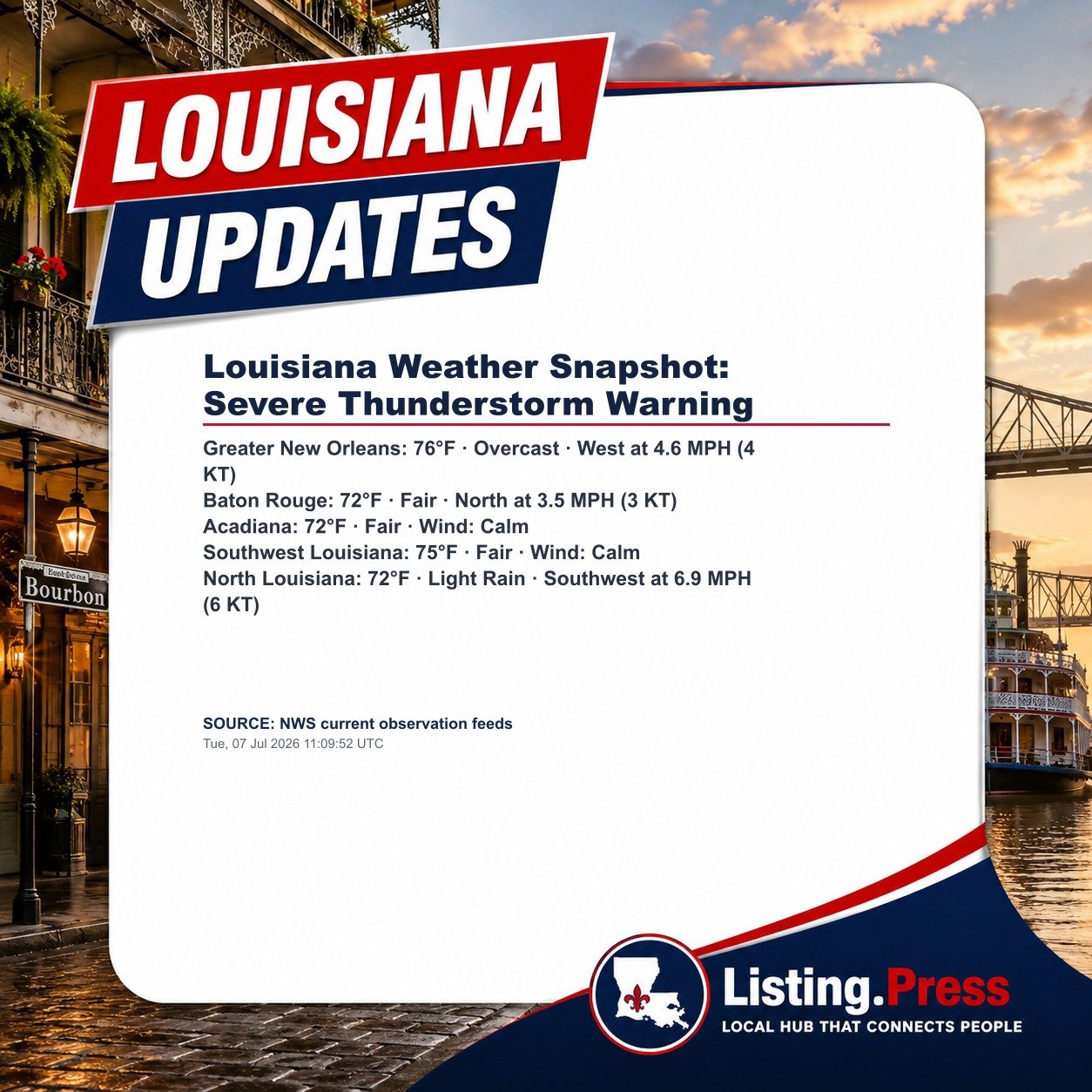 Louisiana Weather Snapshot: Severe Thunderstorm Warning