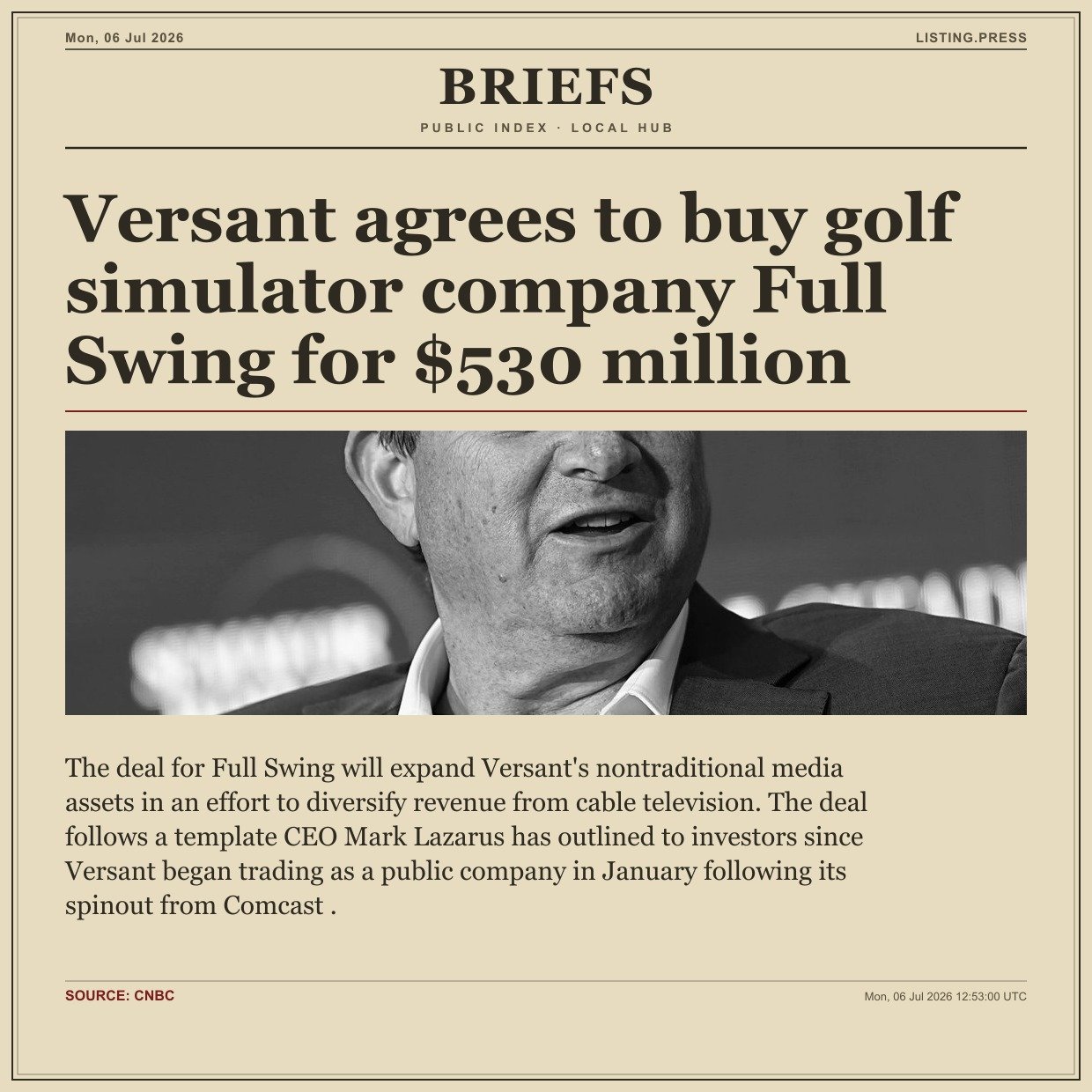 Versant agrees to buy golf simulator company Full Swing for $530 million