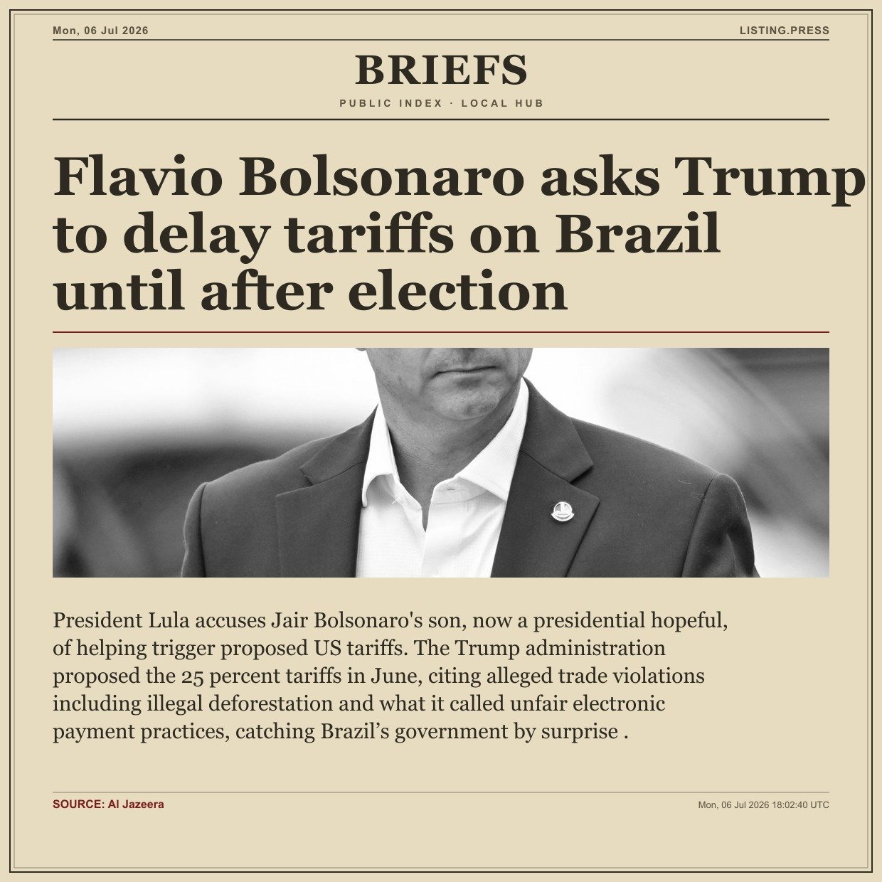 Flavio Bolsonaro asks Trump to delay tariffs on Brazil until after election