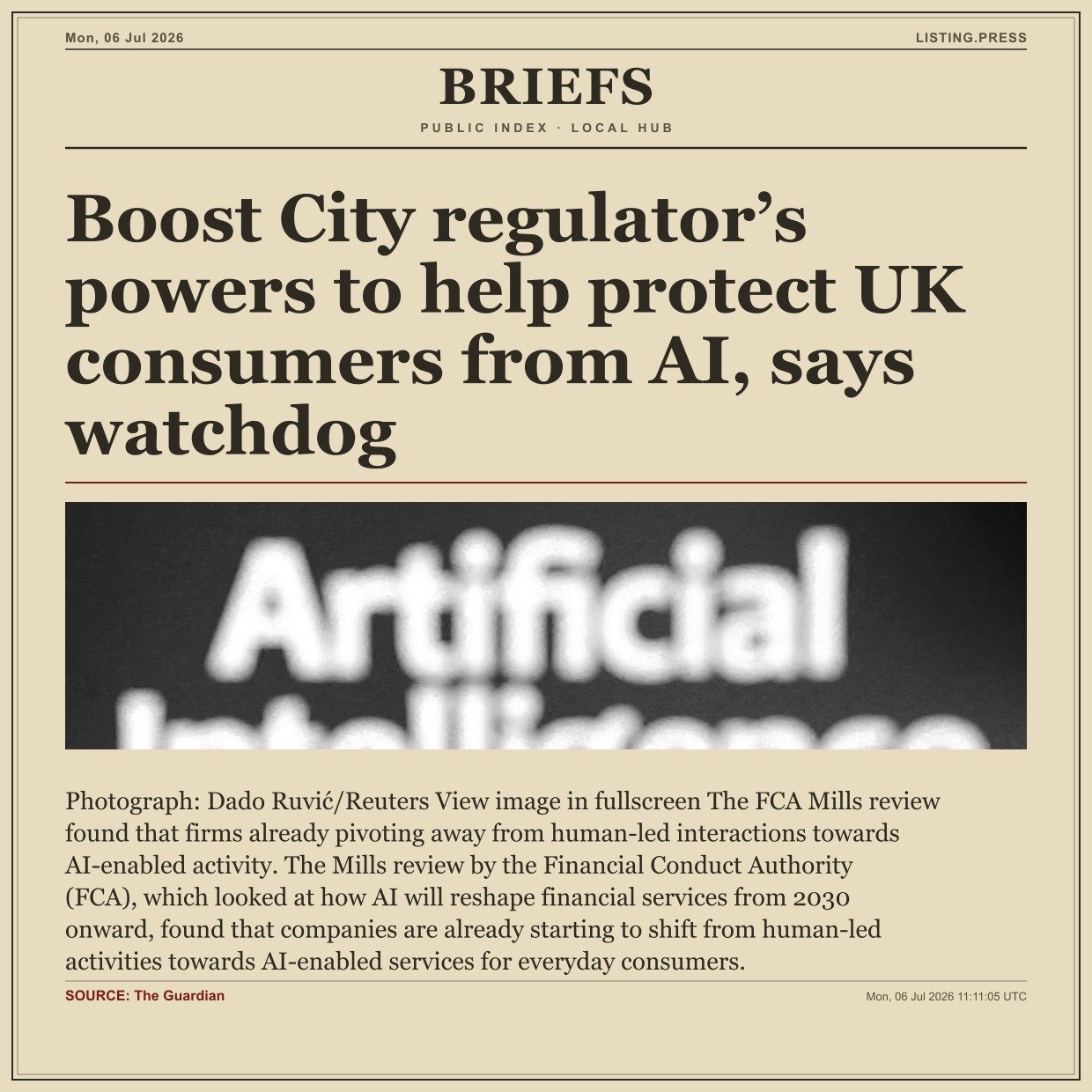 Boost City regulator’s powers to help protect UK consumers from AI, says watchdog