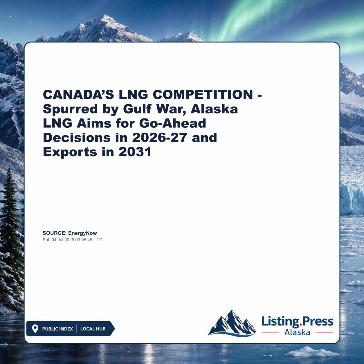 CANADA’S LNG COMPETITION - Spurred by Gulf War, Alaska LNG Aims for Go-Ahead Decisions in 2026-27 and Exports in 2031