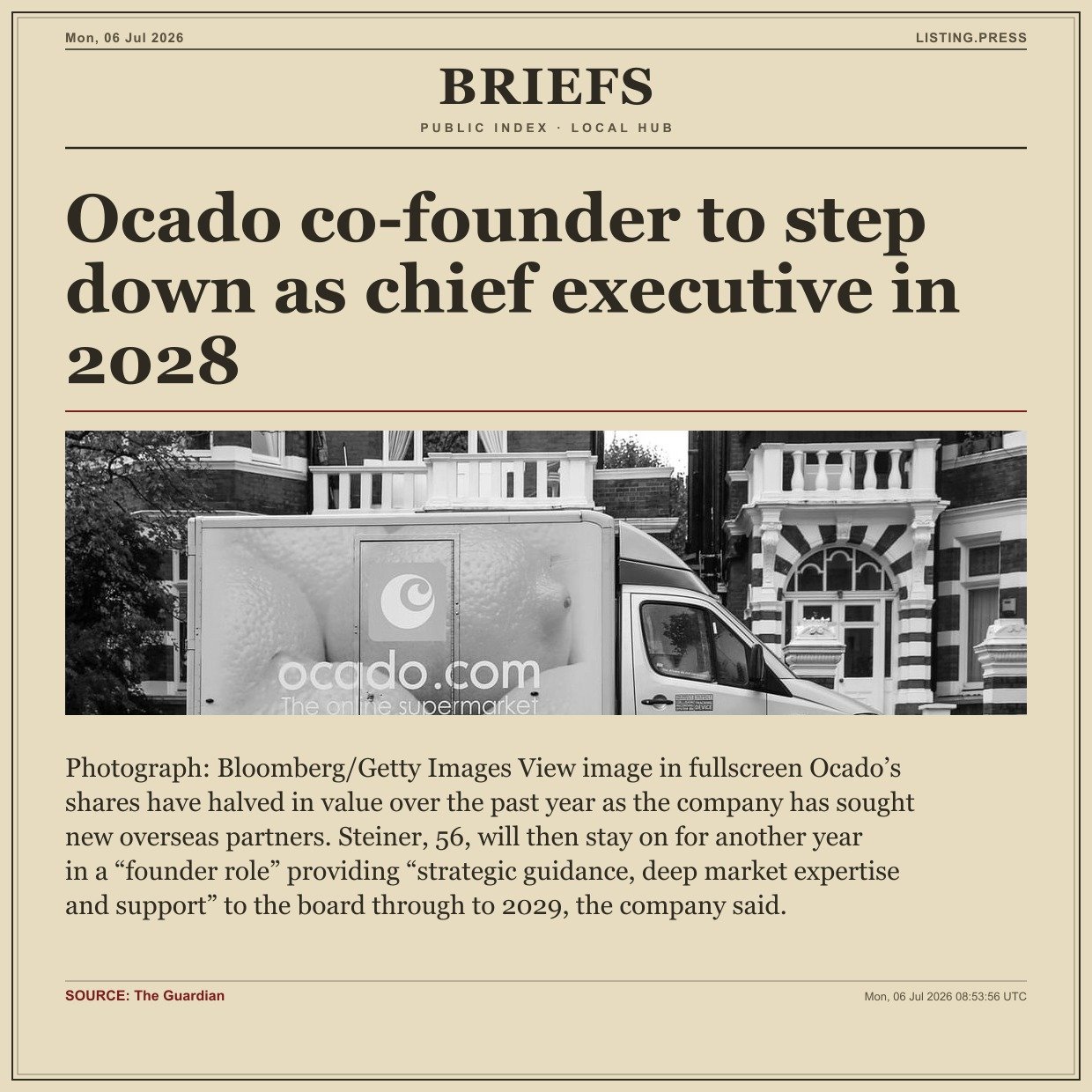 Ocado co-founder to step down as chief executive in 2028