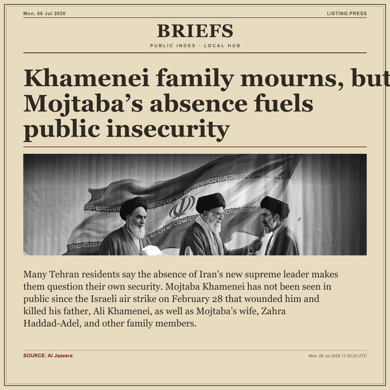 Khamenei family mourns, but Mojtaba’s absence fuels public insecurity