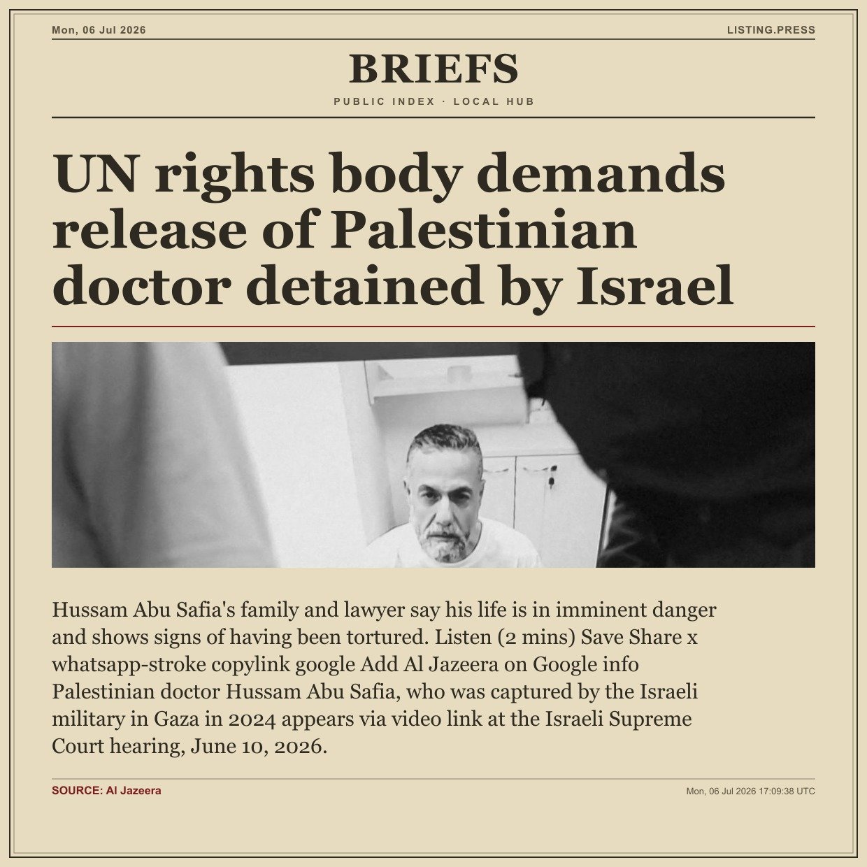 UN rights body demands release of Palestinian doctor detained by Israel