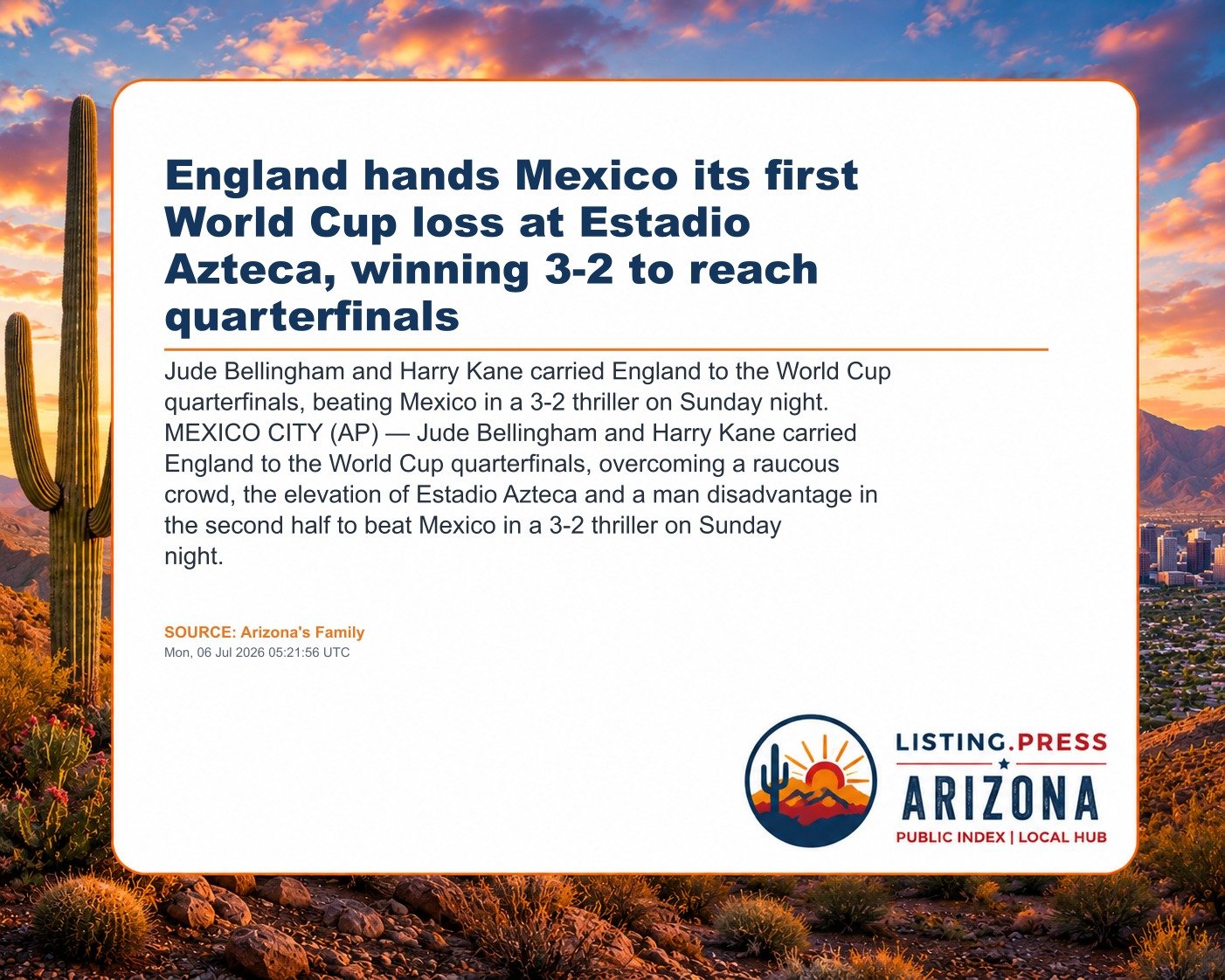 England hands Mexico its first World Cup loss at Estadio Azteca, winning 3-2 to reach quarterfinals