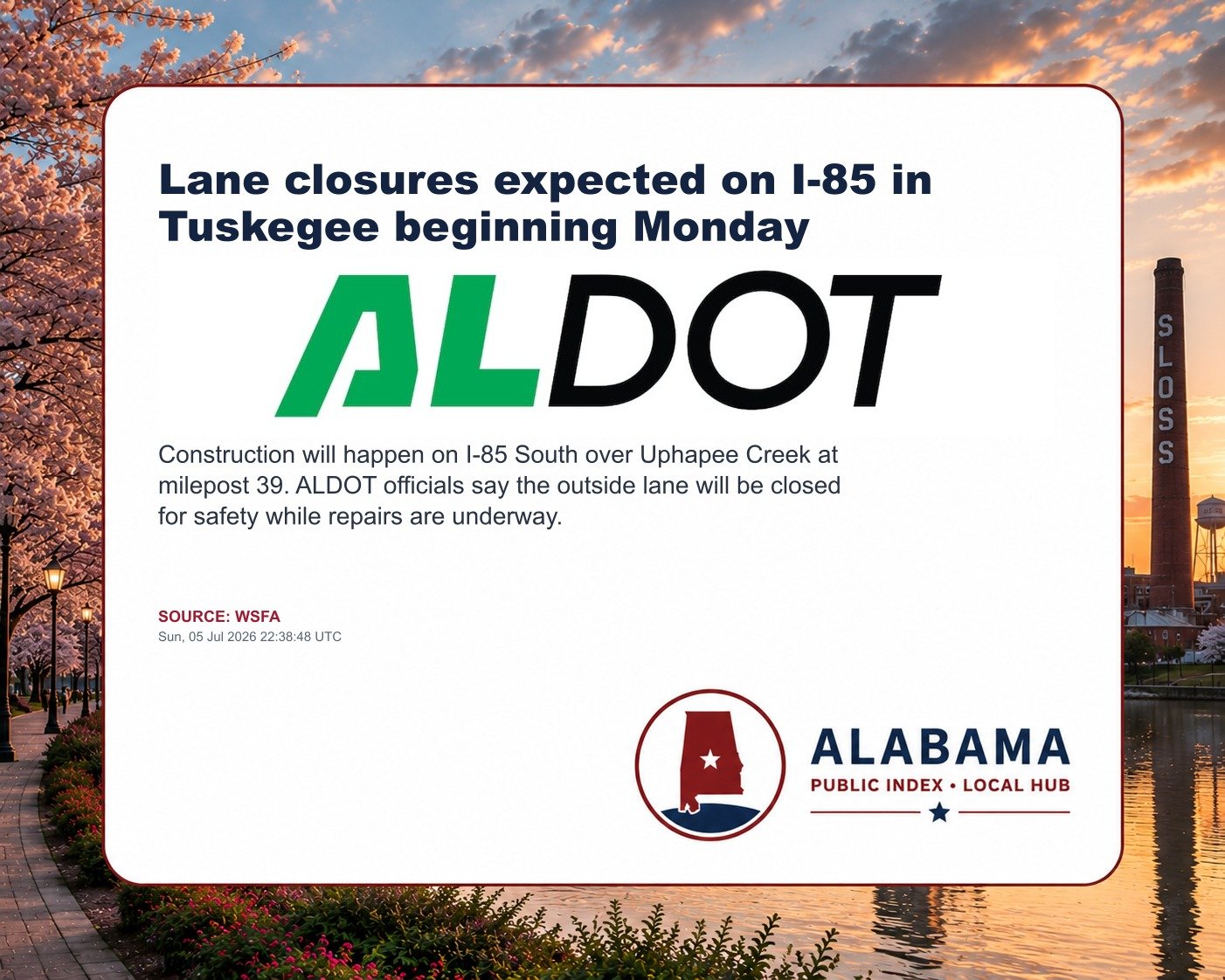 Lane closures expected on I-85 in Tuskegee beginning Monday