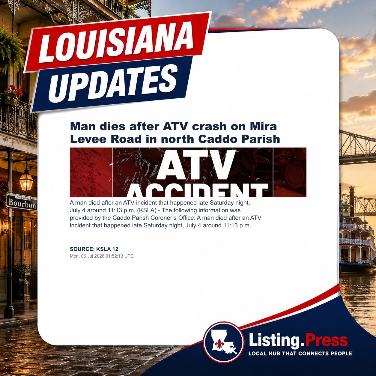 Man dies after ATV crash on Mira Levee Road in north Caddo Parish
