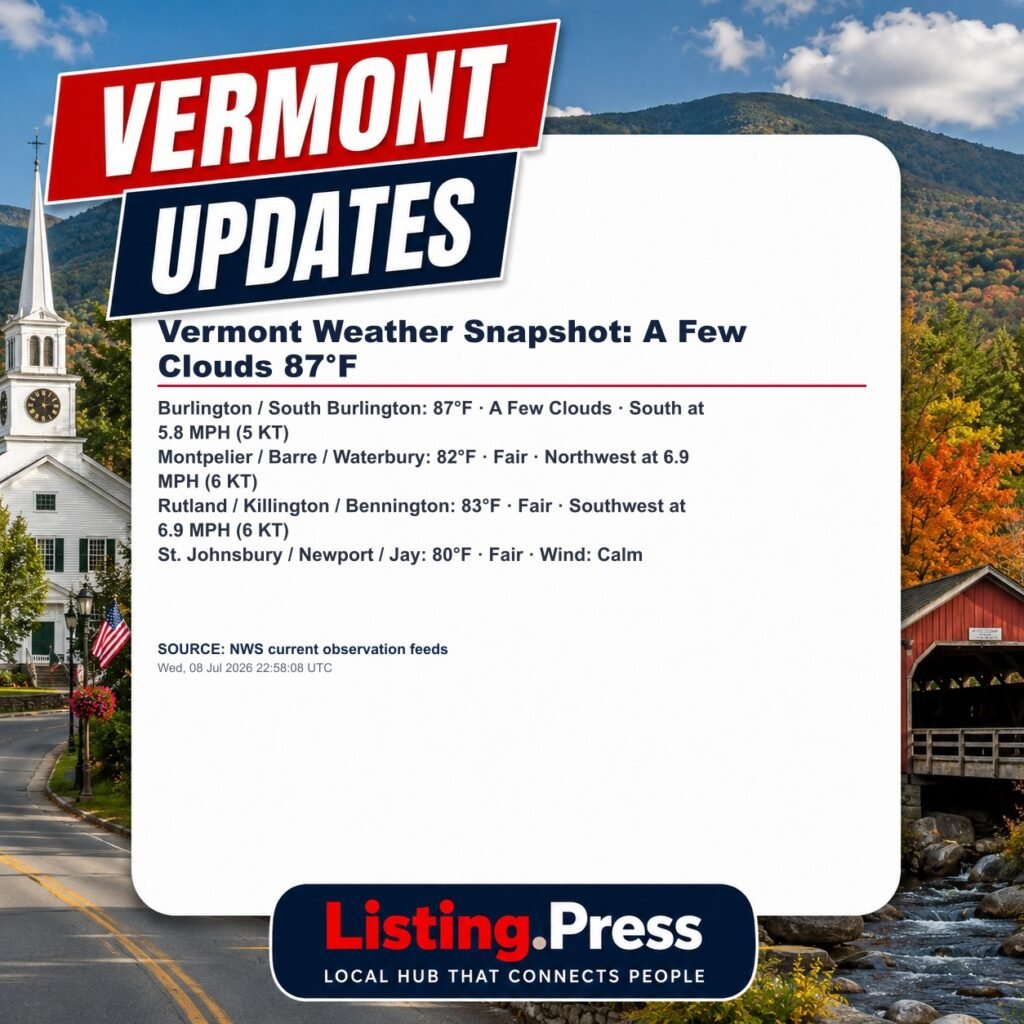 Vermont Weather Snapshot: A Few Clouds 87°F