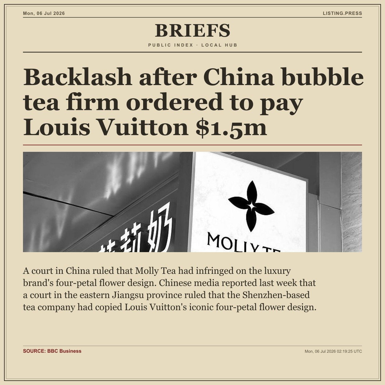 Backlash after China bubble tea firm ordered to pay Louis Vuitton $1.5m