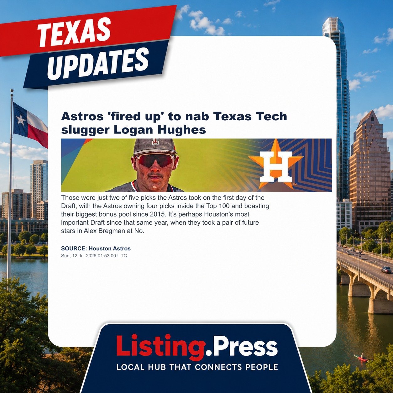 Astros 'fired up' to nab Texas Tech slugger Logan Hughes
