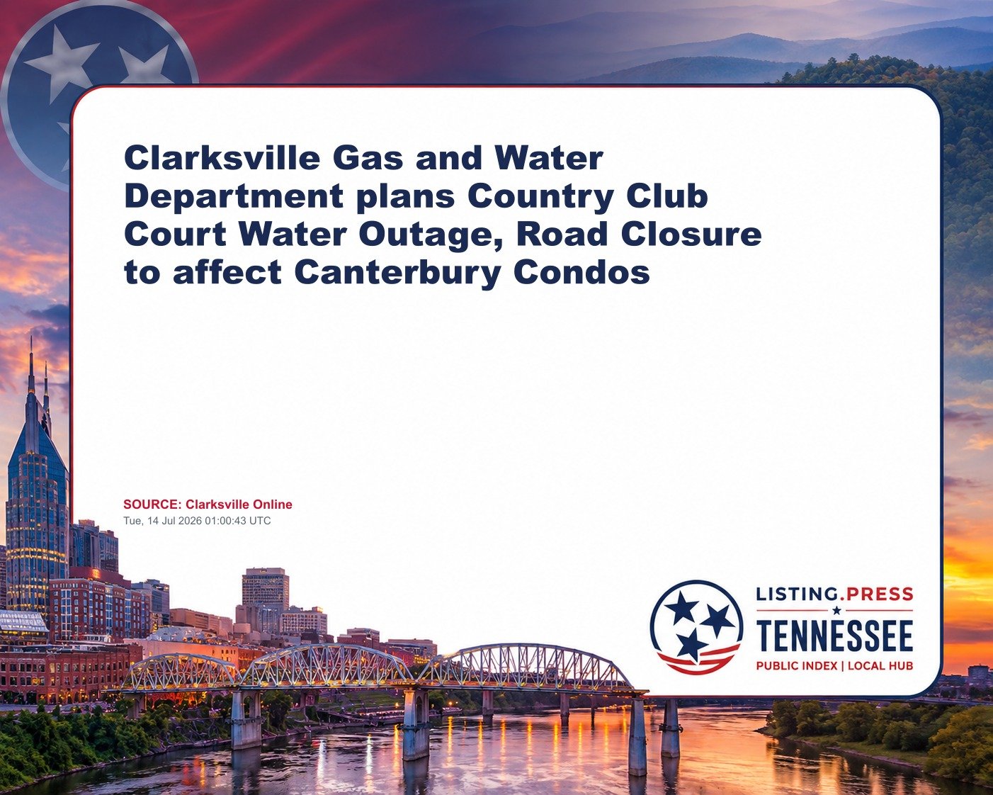 Clarksville Gas and Water Department plans Country Club Court Water Outage, Road Closure to affect Canterbury Condos