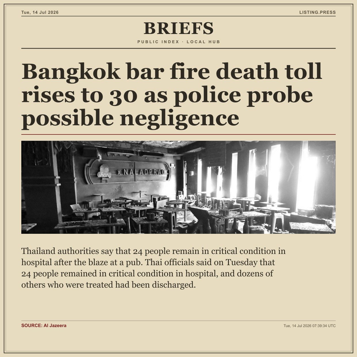 Bangkok bar fire death toll rises to 30 as police probe possible negligence