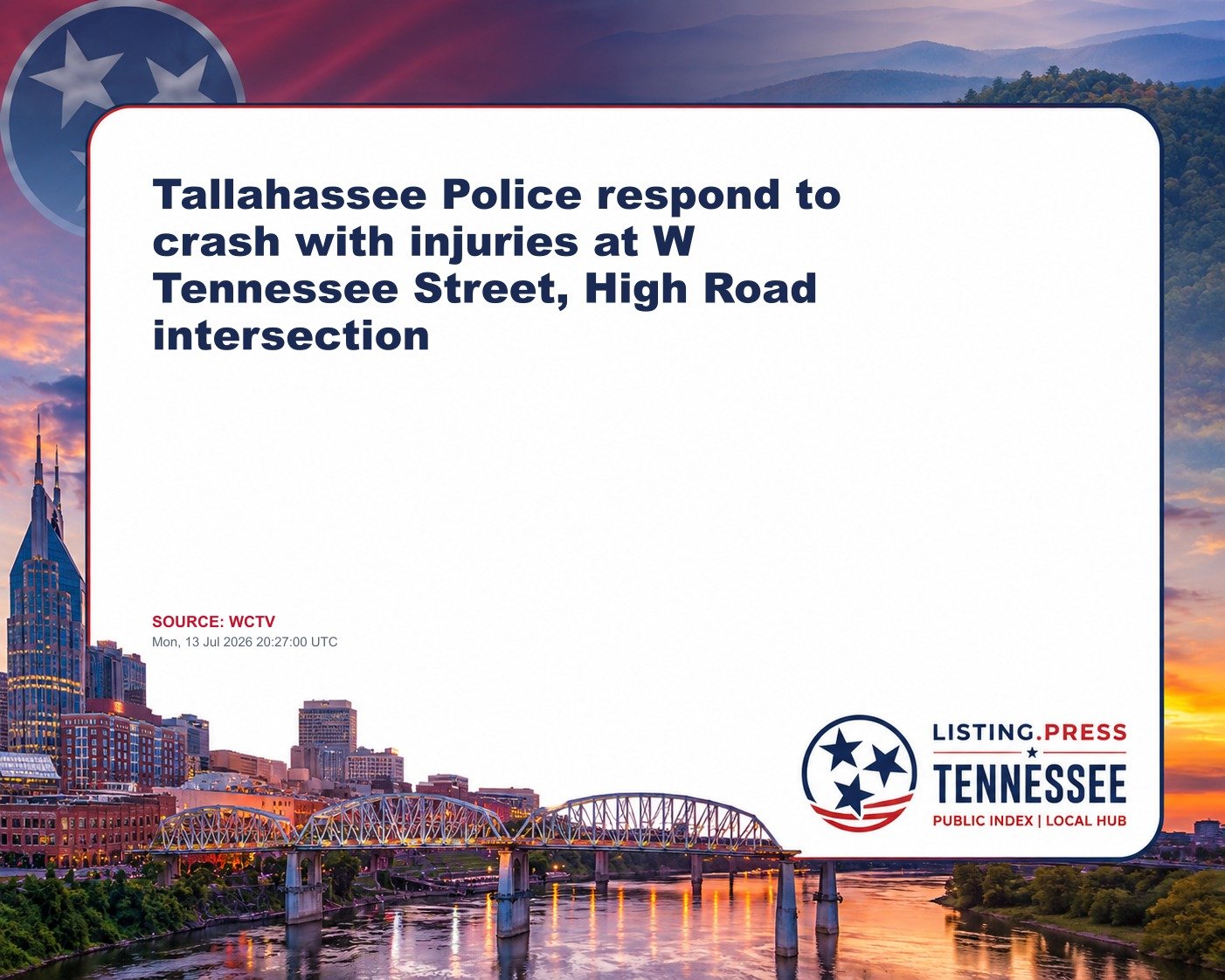 Tallahassee Police respond to crash with injuries at W Tennessee Street, High Road intersection