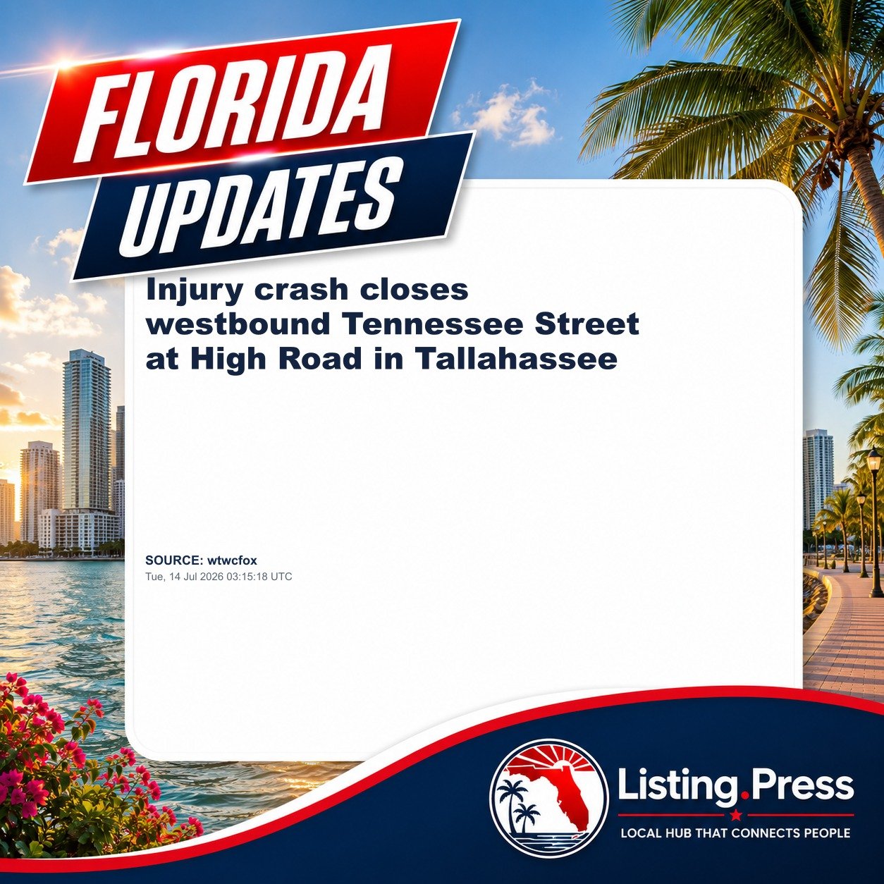Injury crash closes westbound Tennessee Street at High Road in Tallahassee