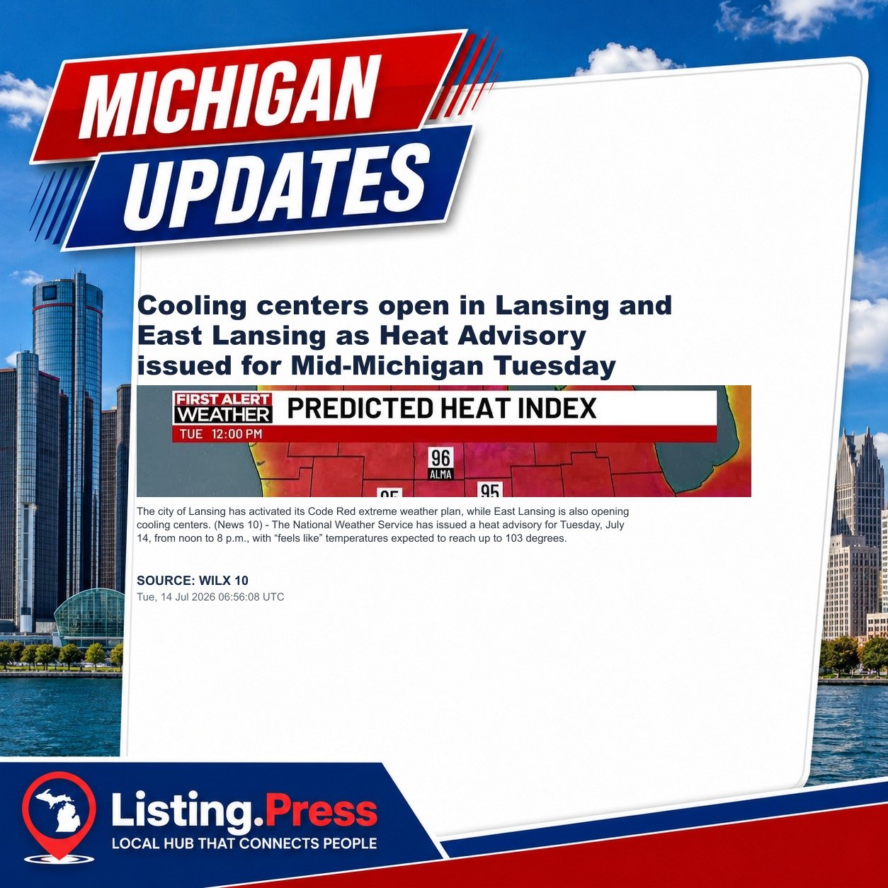 Cooling centers open in Lansing and East Lansing as Heat Advisory issued for Mid-Michigan Tuesday
