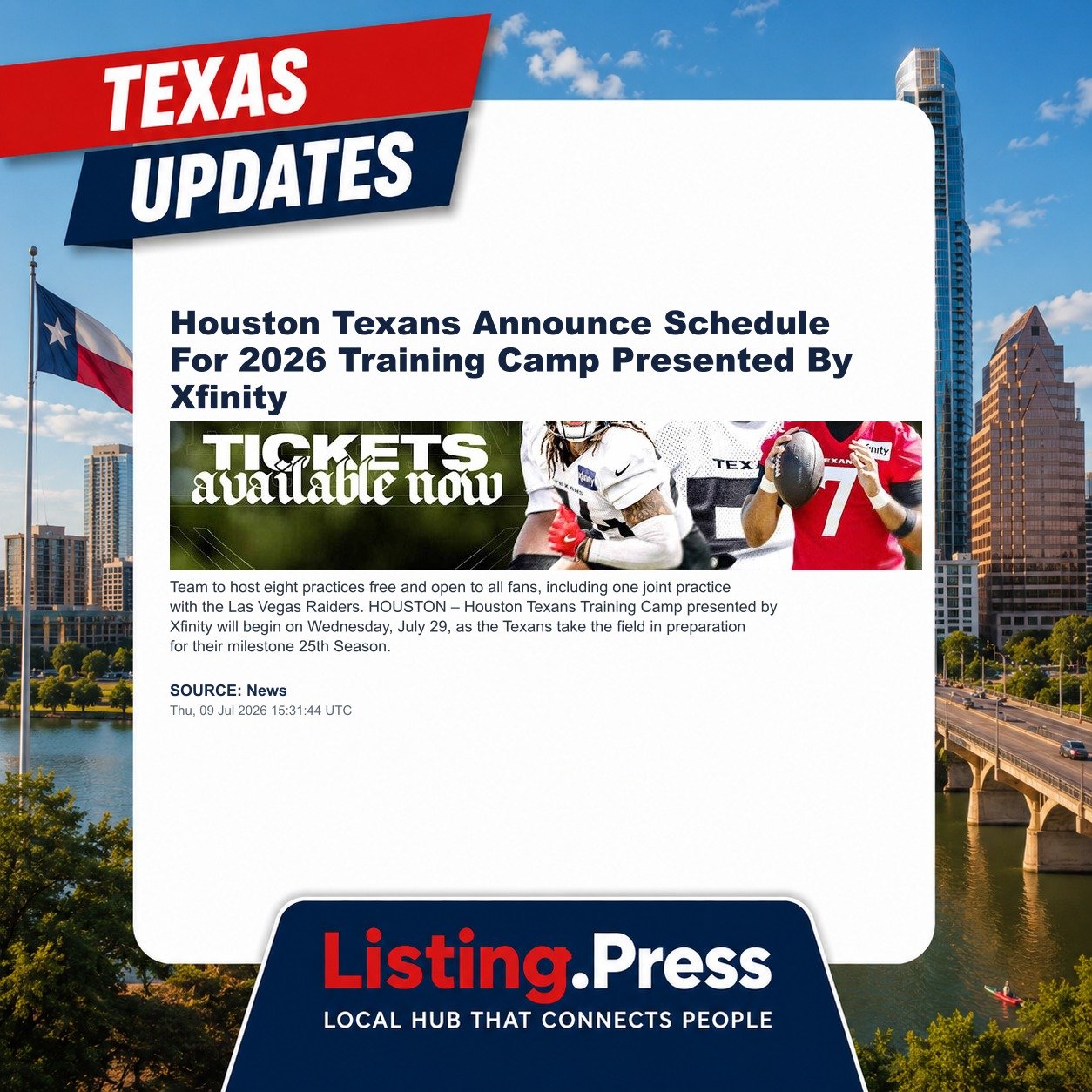 Houston Texans Announce Schedule For 2026 Training Camp Presented By Xfinity