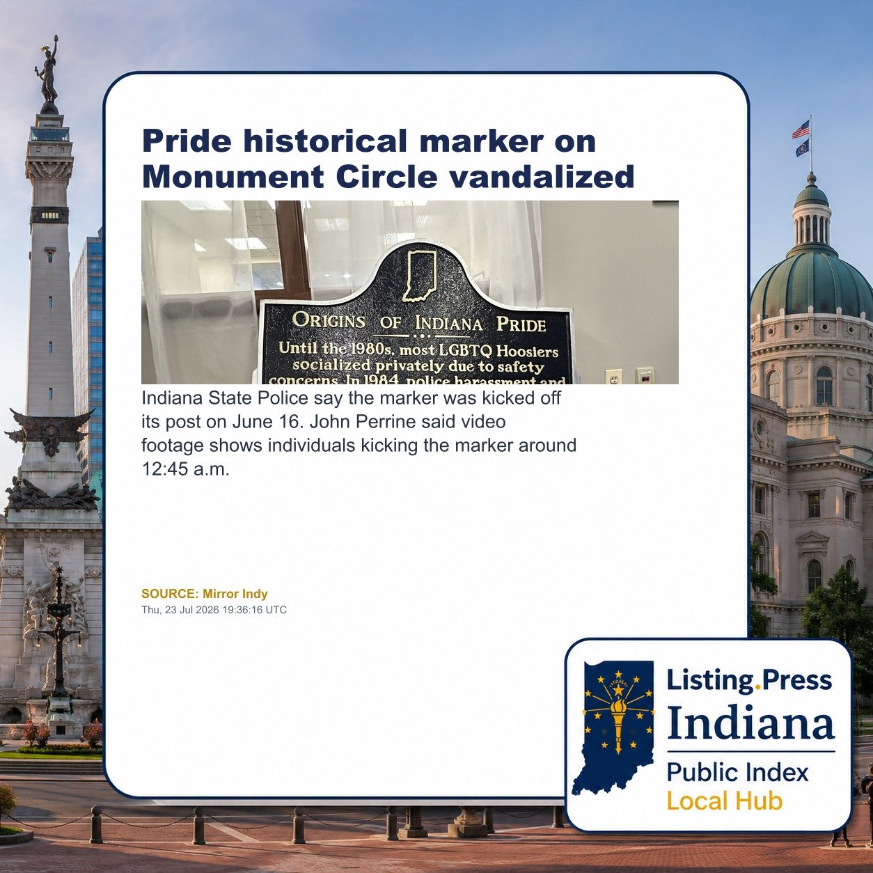 Pride historical marker on Monument Circle vandalized