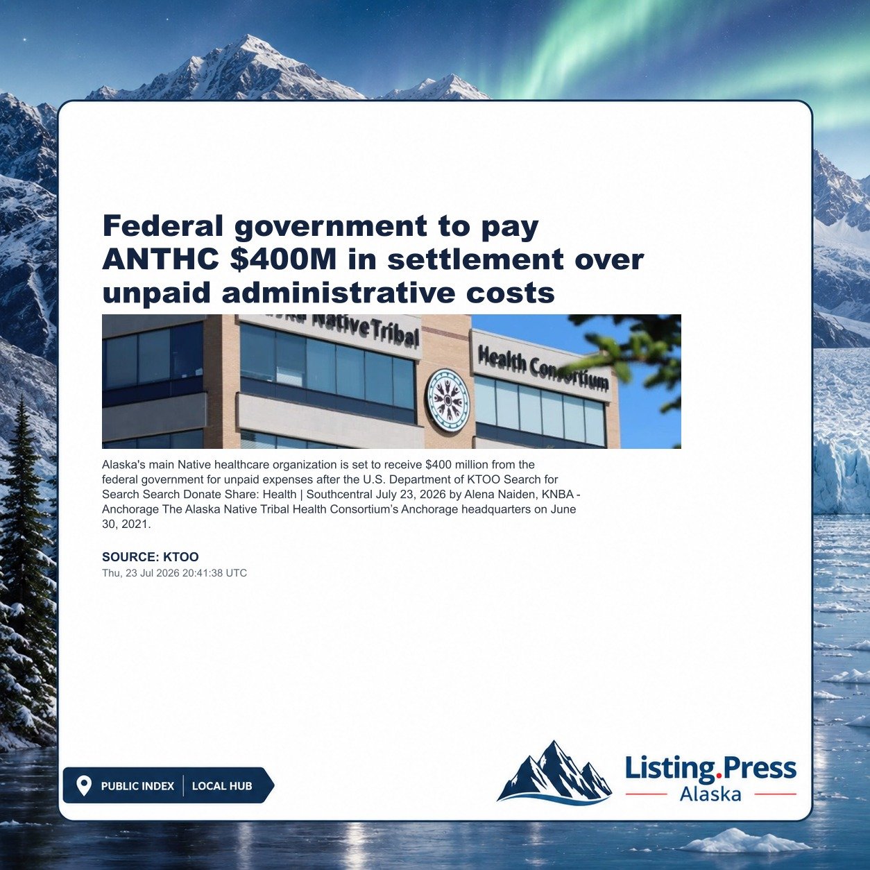 Federal government to pay ANTHC $400M in settlement over unpaid administrative costs