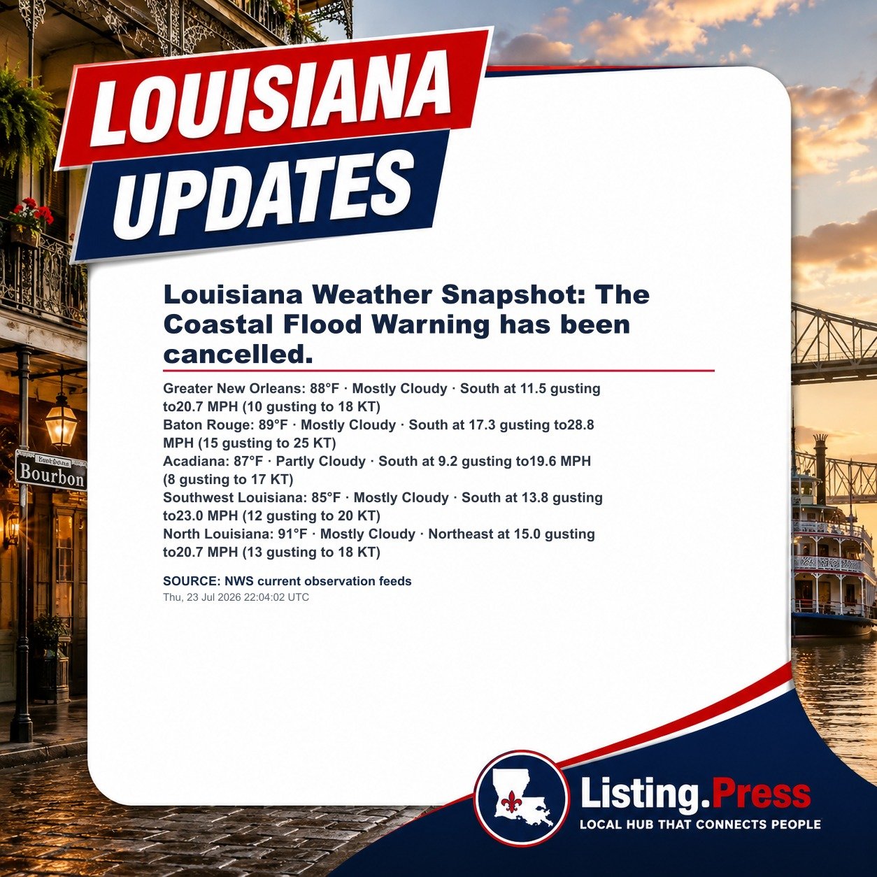 Louisiana Weather Snapshot: The Coastal Flood Warning has been cancelled.