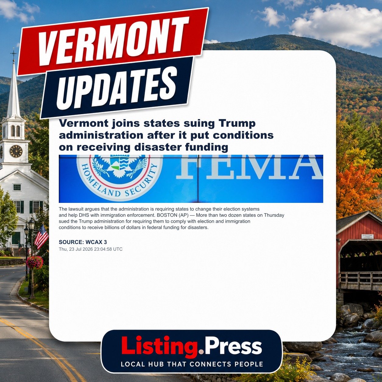 Vermont joins states suing Trump administration after it put conditions on receiving disaster funding