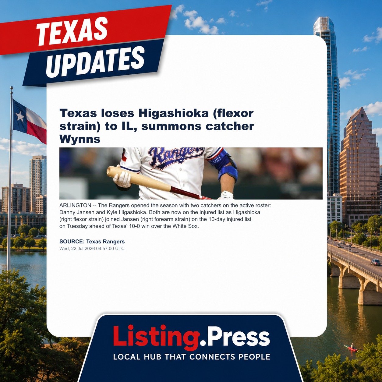 Texas loses Higashioka (flexor strain) to IL, summons catcher Wynns