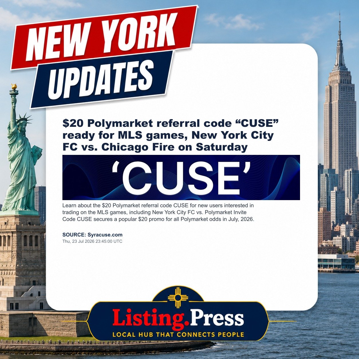 $20 Polymarket referral code “CUSE” ready for MLS games, New York City FC vs. Chicago Fire on Saturday