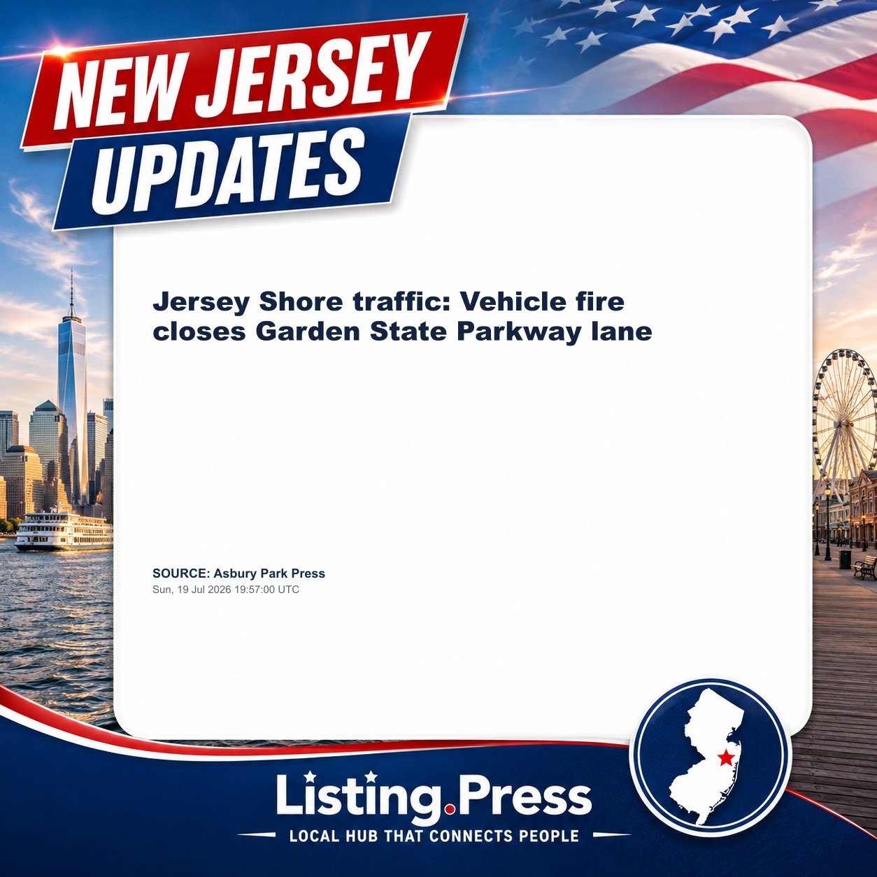 Jersey Shore traffic: Vehicle fire closes Garden State Parkway lane