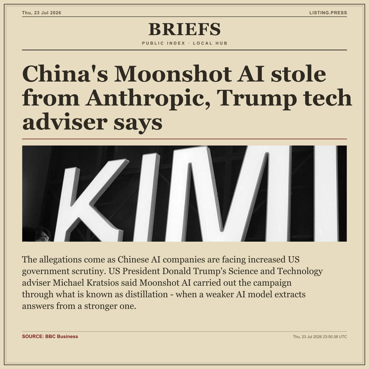 China’s Moonshot AI stole from Anthropic, Trump tech adviser says