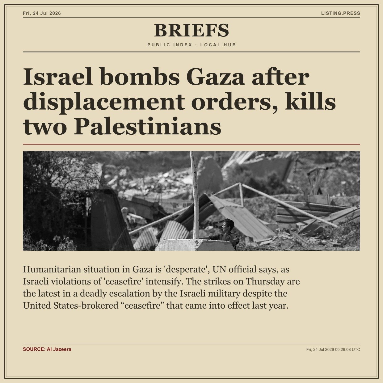Israel bombs Gaza after displacement orders, kills two Palestinians