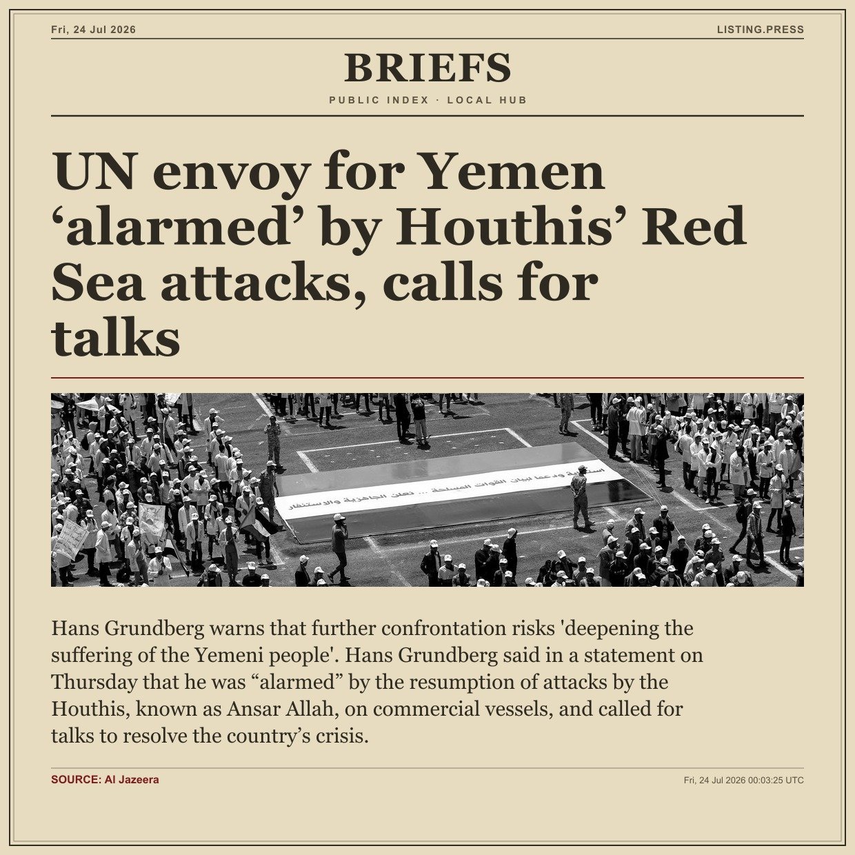 UN envoy for Yemen ‘alarmed’ by Houthis’ Red Sea attacks, calls for talks