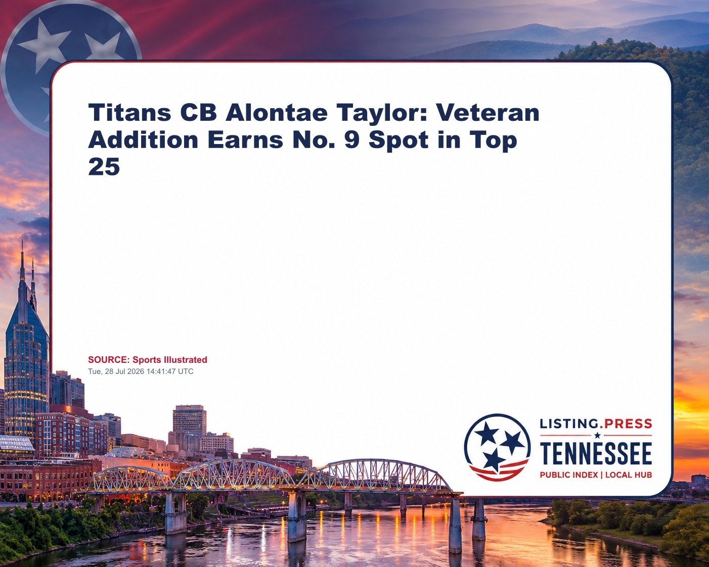 Titans CB Alontae Taylor: Veteran Addition Earns No. 9 Spot in Top 25