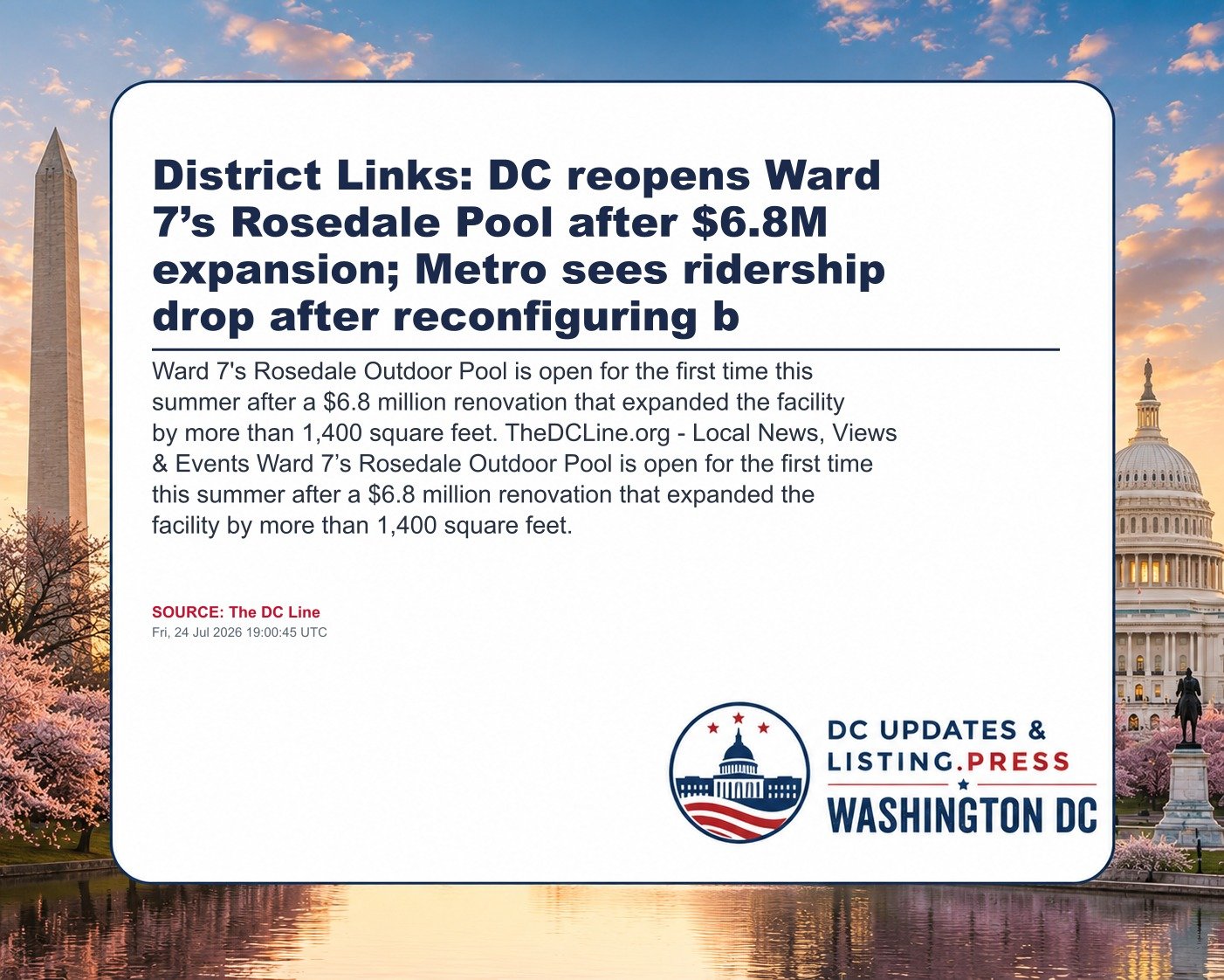 District Links: DC reopens Ward 7’s Rosedale Pool after $6.8M expansion; Metro sees ridership drop after reconfiguring b