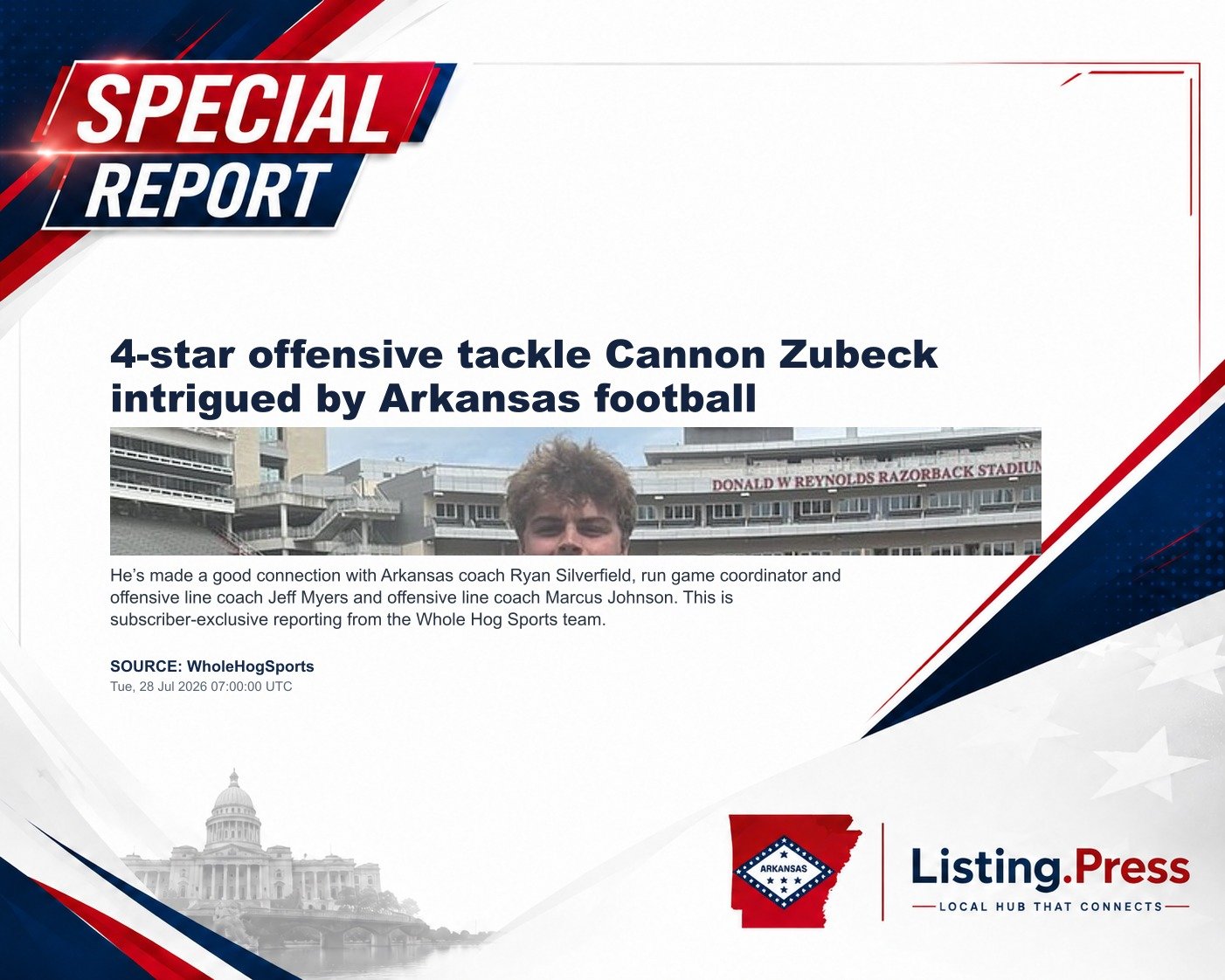 4-star offensive tackle Cannon Zubeck intrigued by Arkansas football