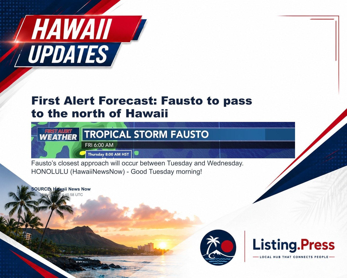 First Alert Forecast: Fausto to pass to the north of Hawaii