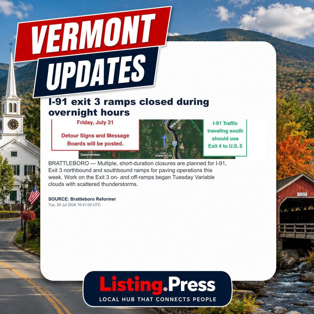 I-91 exit 3 ramps closed during overnight hours