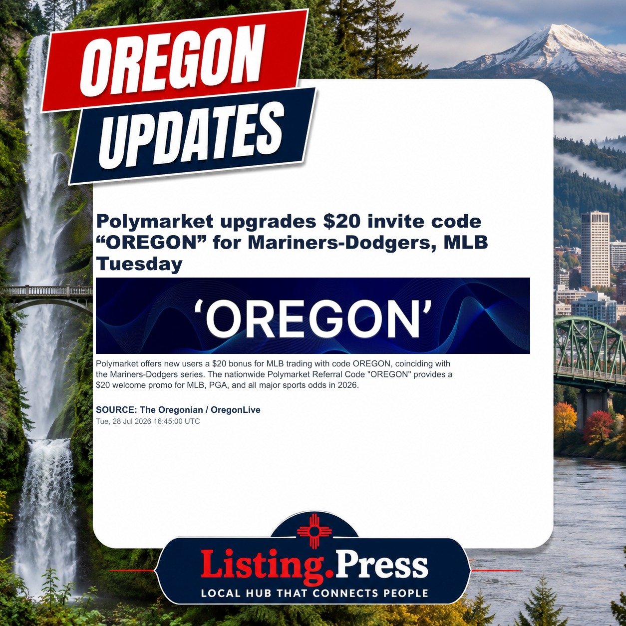 Polymarket upgrades $20 invite code “OREGON” for Mariners-Dodgers, MLB Tuesday